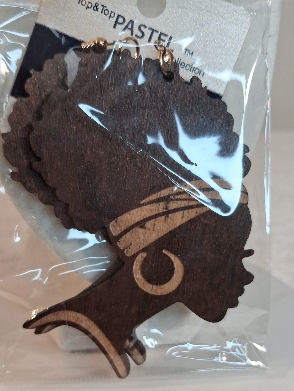 Top & Top Pastel Dark Brown Afro Silhouette Wood Accent EARRINGS